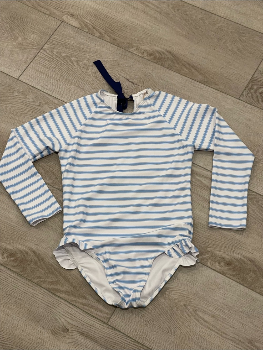 NWT - Minnow girls boca blue stripe rashguard one piece, size 11/12